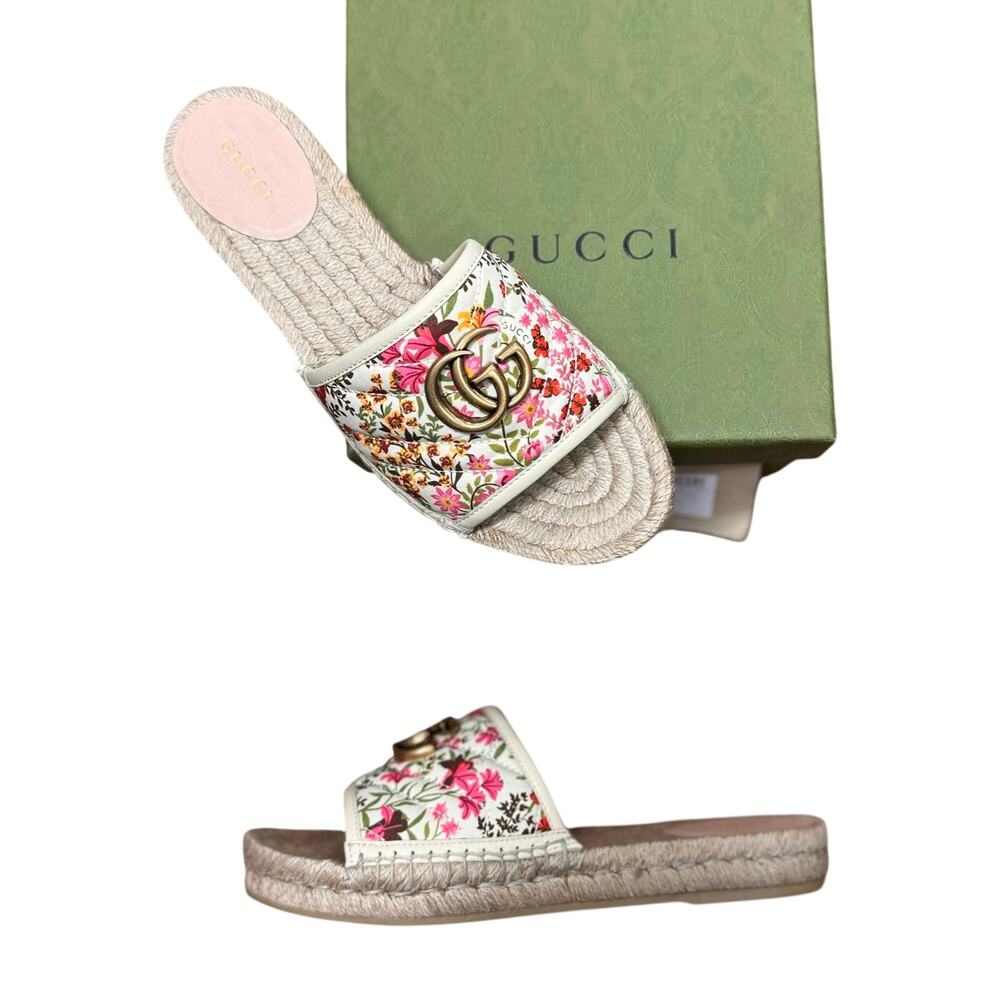 GUCCI Pilar Espadrille Quilted Floral Canvas GG 38 Slide Sandal Sz. 38 1/2 NIB